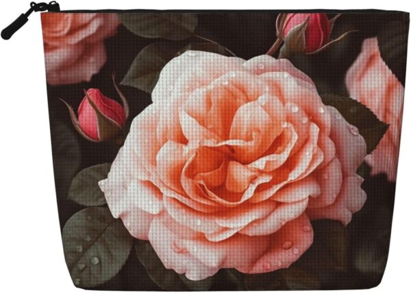 Linen Makeup Bag For Women, Waterproof Travel Cosmetic Organizer Lightweight Zipper Travel Toiletry Bag Organizer Rose Flower Makeup Brushes Storage Bag