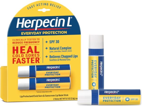 Herpecin L Lip Balm Stick with SPF30 and Lysine; Protects & Treats Cold Sores & Fever Blisters, Chapped Lips, 0.1oz - 2 Pack
