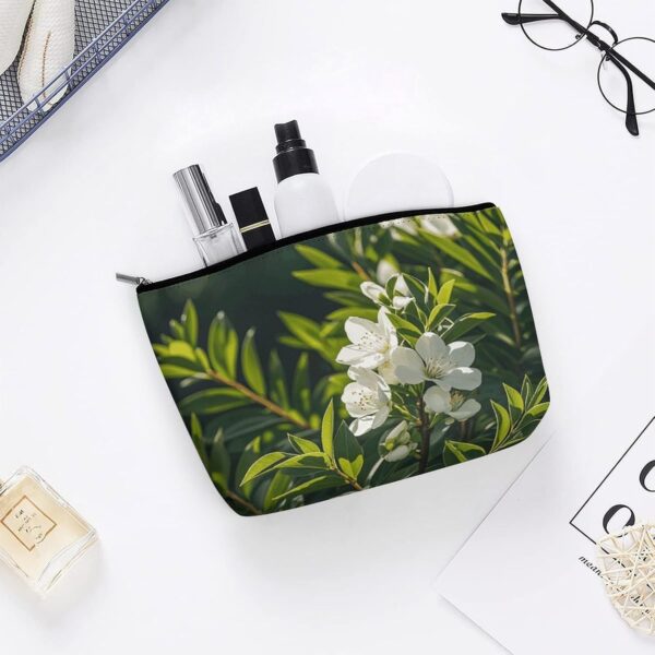 White Natural Greenery Twig Makeup Bag for Women Portable Travel Toiletry Pouch, PU Leather Cosmetic Bag with Zipper