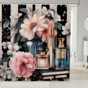 Erosebridal Pink Floral Bath Curtain Modern Fashion Shower Curtain for Girls Women Romantic Makeup Themed Bathroom Decor Black White Stripe Waterproof Curtain Perfume Print Curtain,72" W x 84" L