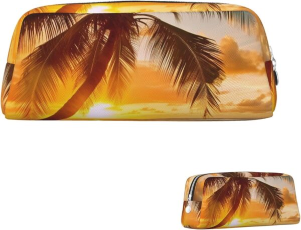 Tropical Beach Palm Tree Sunset Pencil Pouch Large Capacity Pencil Case Leather Cosmetic Bag Office Desk Organizer Coin Pouch Portable Zipper Toiletry Bag for Travel Outdoor