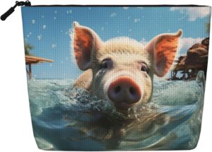 Linen Makeup Bag For Women, Waterproof Travel Cosmetic Organizer Lightweight Zipper Travel Toiletry Bag Organizer Pig Swim Bathe Makeup Brushes Storage Bag