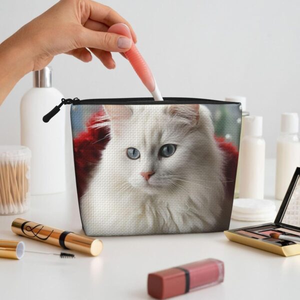 Linen Makeup Bag For Women, Waterproof Travel Cosmetic Organizer Lightweight Zipper Travel Toiletry Bag Organizer Cute White Cat Makeup Brushes Storage Bag