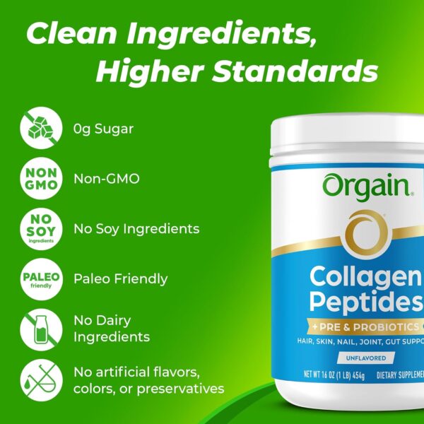 Orgain Hydrolyzed Collagen Peptides + Prebiotic & Probiotics Powder for Women & Men, 20g Grass Fed Collagen, 1 Billion CFU - Supports Digestive, Hair, Skin & Joint Health, Non-GMO, Type I & III, 1lb