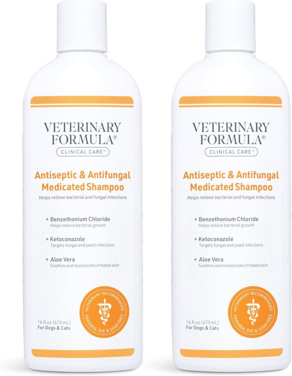 Veterinary Formula Clinical Care Antiseptic and Antifungal Medicated Shampoo for Dogs & Cats, 16 Fl Oz – Helps Alleviate Scaly, Greasy, red Skin – Paraben, Dye, Soap-Free (2 Pack)