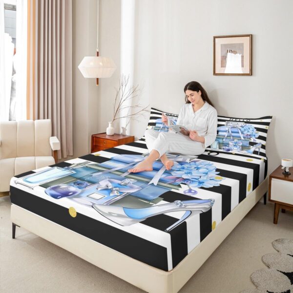 Erosebridal Black and Blue Bed Sheets Queen Size Fashion Black White Girly Fitted Sheet for Girl Women Modern Flower Floral Perfume Striped Bed Set High Heels Magazine Books Sheets