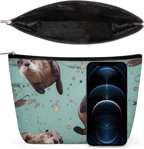 Otters Makeup Bag for Women Portable Travel Toiletry Pouch, PU Leather Cosmetic Bag with Zipper