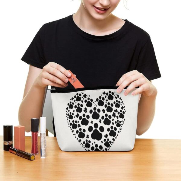 Dog Paw Print Love Heart Makeup Bag for Women Portable Travel Toiletry Pouch, PU Leather Cosmetic Bag with Zipper