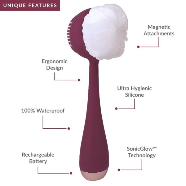 PMD Clean Body - Smart Body Cleansing Device with Silicone Brush & Three Interchangeable Attachments - Waterproof - SonicGlow Vibration - Cleanse, Exfoliate, & Massage Body