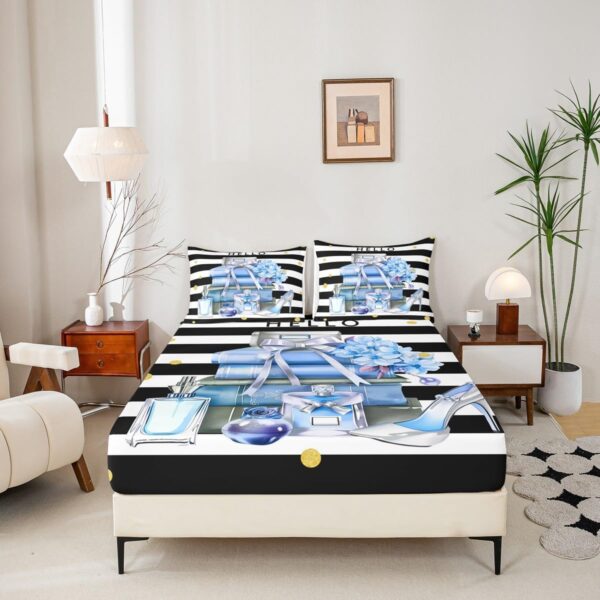Erosebridal Black and Blue Bed Sheets Queen Size Fashion Black White Girly Fitted Sheet for Girl Women Modern Flower Floral Perfume Striped Bed Set High Heels Magazine Books Sheets