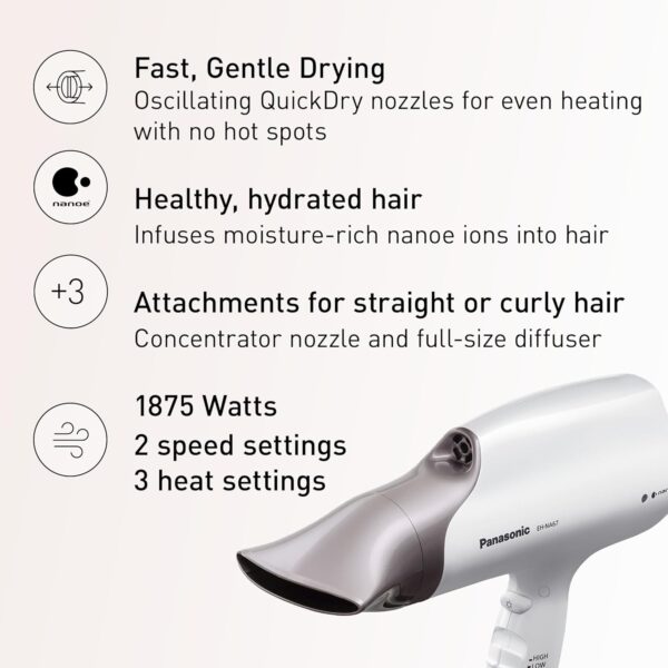 Panasonic Nanoe Salon Hair Dryer with Oscillating QuickDry Nozzle, Diffuser and Concentrator Attachments, 3 Speed Heat Settings for Easy Styling and Healthy Hair - EH-NA67-W (White)