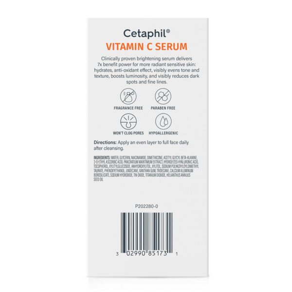 Cetaphil Vitamin C Serum, Visibly Reduces Look of Dark Spots and Hyperpigmentation, Formulated with Niacinamide, Designed for Sensitive Skin, Fragrance Free, Dermatologist Tested, 1oz