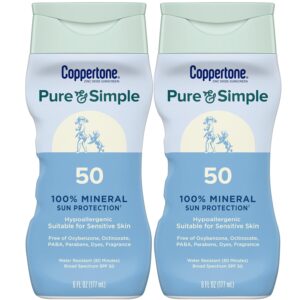 Coppertone Pure and Simple Sunscreen Lotion, SPF 50 Broad Spectrum Sunscreen with Zinc Oxide, 6 Oz, Pack of 2