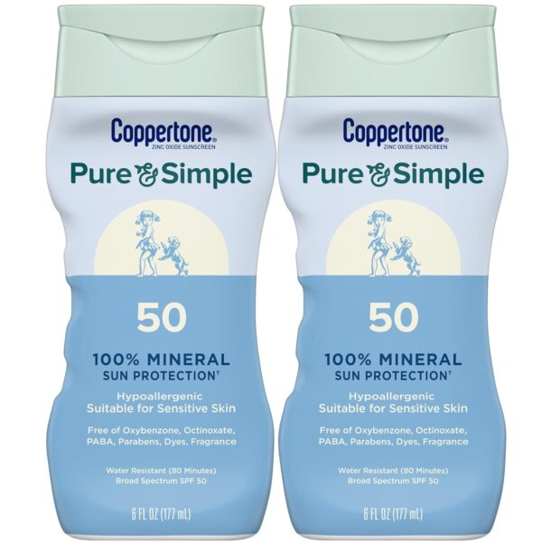 Coppertone Pure and Simple Sunscreen Lotion, SPF 50 Broad Spectrum Sunscreen with Zinc Oxide, 6 Oz, Pack of 2