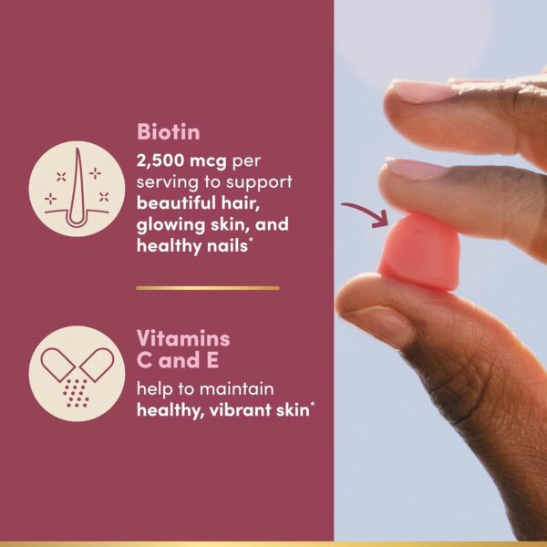 Nature's Bounty Optimal Solutions Hair, Skin and Nails Pectin Gummies, 2500 mcg Biotin Per Serving, No Stick Gummy, Vegetarian Formula, Strawberry Flavor, 200 count, 100 Total Servings