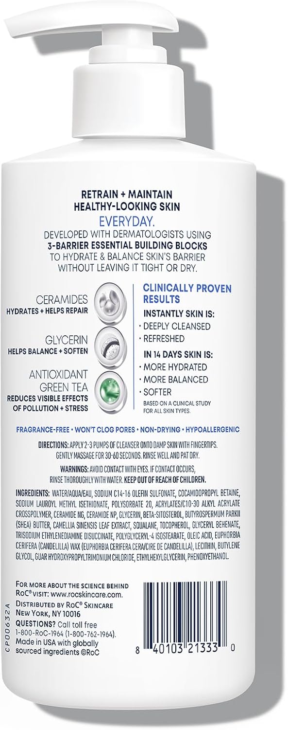 RoC Barrier Renew Gel to Foam Non Drying Facial Cleanser to Hydrate Skin, 12 Ounces