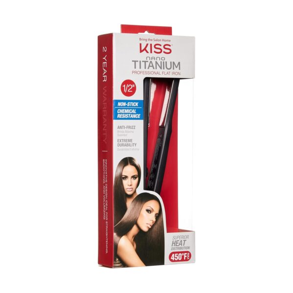 KISS Nano Titanium Professional Flat Iron Hair Straightener & Styling Tool, 0.5" Non-Stick Chemical Resistant Titanium Plates, Variable Temperature Control, Ergonomic Design, Up to 450°F, 0.86 Pounds