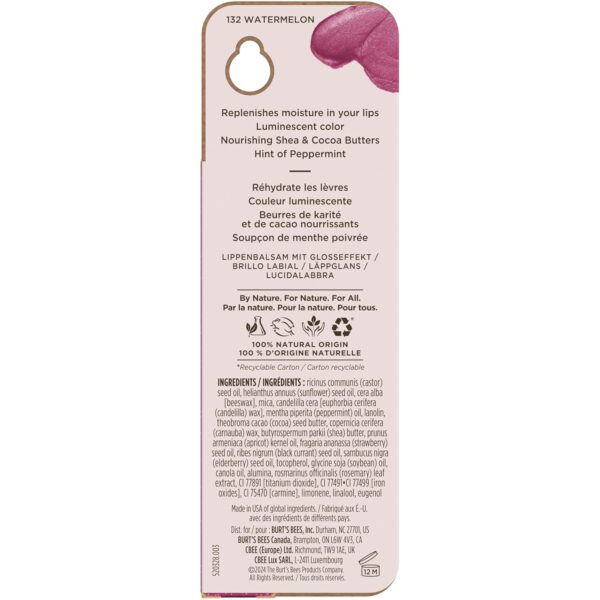 Burt's Bees Shimmer Lip Tint, Tinted Lip Balm Stick, Moisturizing for All Day Hydration with Natural Glowy Pigmented Finish & Buildable Color, Watermelon, 1 Tube, 0.09 oz. (Pack of 2)