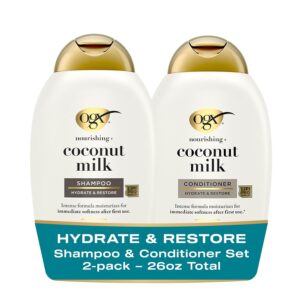 OGX Nourishing + Coconut Milk Shampoo & Conditioner Set, Hydrating & Restoring, Moisturizes for Soft Hair After the First Use, Sulfate-Free Surfactants, 2 Items, 2 x 13 fl. Oz