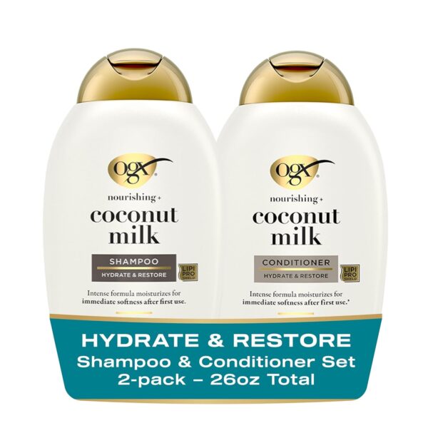 OGX Nourishing + Coconut Milk Shampoo & Conditioner Set, Hydrating & Restoring, Moisturizes for Soft Hair After the First Use, Sulfate-Free Surfactants, 2 Items, 2 x 13 fl. Oz
