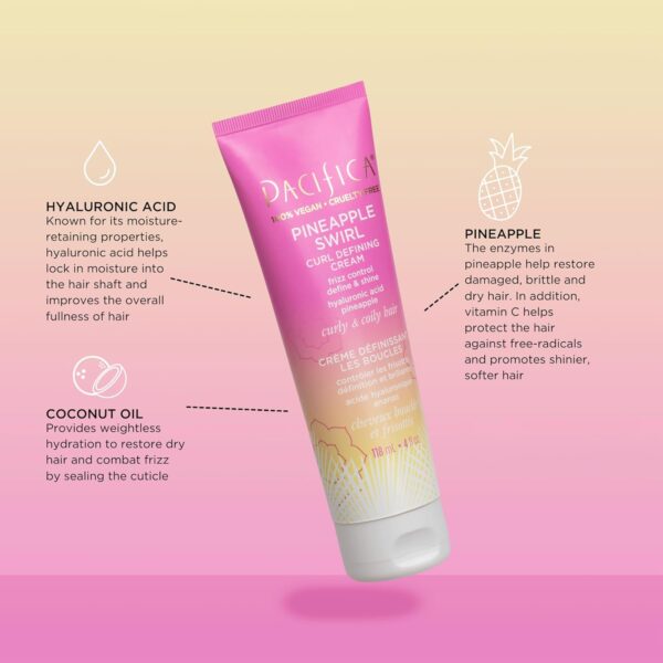 Pacifica Pineapple Swirl Curl Defining Cream for Curly Hair 4 oz – Frizz Control & Curl Enhancer Styling Cream for Curly & Wavy Hair Coconut Oil & Hyaluronic Acid Defines & Adds Bounce Without Crunch