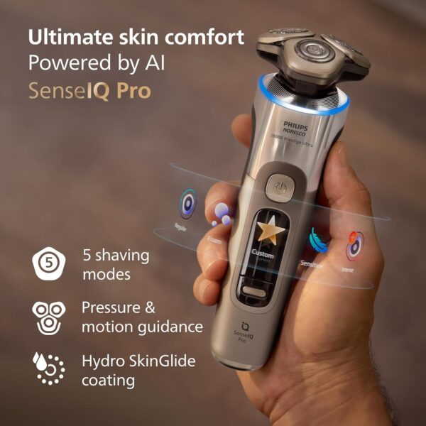 Philips Norelco Shaver i9000 Prestige Ultra, Wet & Dry Electric Shaver, White Gold, SenseIQ Pro Technology, Triple Lift & Cut System, 360 Rotating NanoTech Precision Blades, Beard Styler, XP9403/88