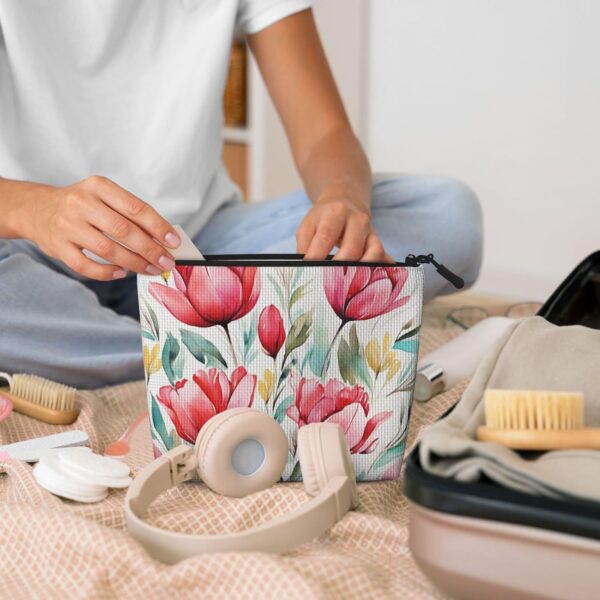 Linen Makeup Bag For Women, Waterproof Travel Cosmetic Organizer Lightweight Zipper Travel Toiletry Bag Organizer Watercolor Tulip Makeup Brushes Storage Bag