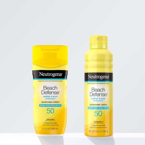 Neutrogena Sunscreen Lotion Beach Defense SPF 50, 6.7 fl oz, Face and Body Sunscreen, Oil Free, Fast Absorbing, Oxybenzone Free Sun Care