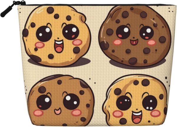 Linen Makeup Bag For Women, Waterproof Travel Cosmetic Organizer Lightweight Zipper Travel Toiletry Bag Organizer 3 Chocolate Chip Cookies Makeup Brushes Storage Bag