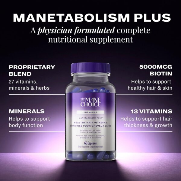 The Mane Choice MANETABOLISM Plus Healthy Hair Growth Vitamins - Supplements for Longer, Thicker, Healthier Hair - Hair Skin & Nails Vitamins for Women & Men (60 Capsules) Packaging May Vary