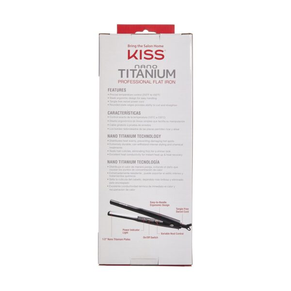 KISS Nano Titanium Professional Flat Iron Hair Straightener & Styling Tool, 0.5" Non-Stick Chemical Resistant Titanium Plates, Variable Temperature Control, Ergonomic Design, Up to 450°F, 0.86 Pounds