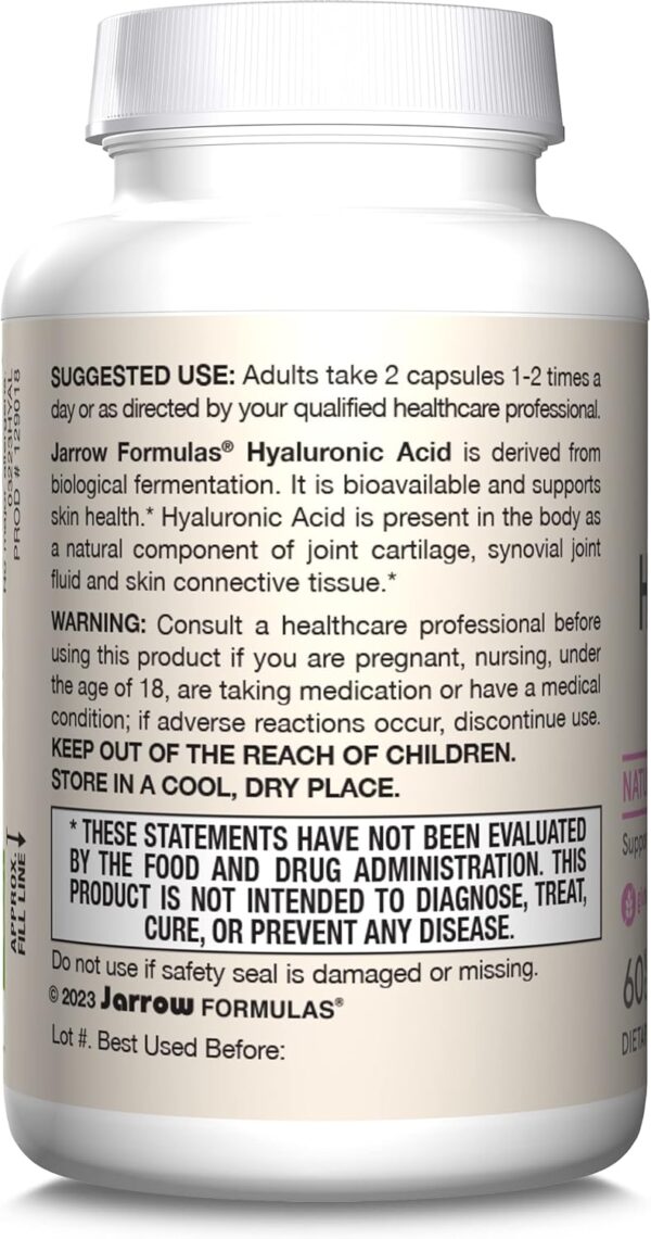 Jarrow Formulas Hyaluronic Acid 120 mg, Dietary Supplement, Skin Health Support, 60 Veggie Capsules, Up to 30 Day Supply