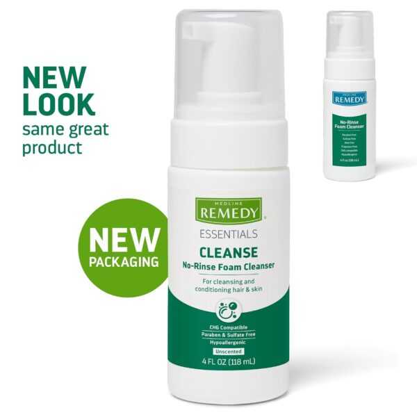 Medline Remedy Essentials No-Rinse Foam Cleanser (4 oz Bottle), 24 Count, Unscented, Gentle Body Wash and Shampoo, pH Balanced and Sulfate Free, For Bath, Shower or Bedside Cleaning, Hypoallergenic