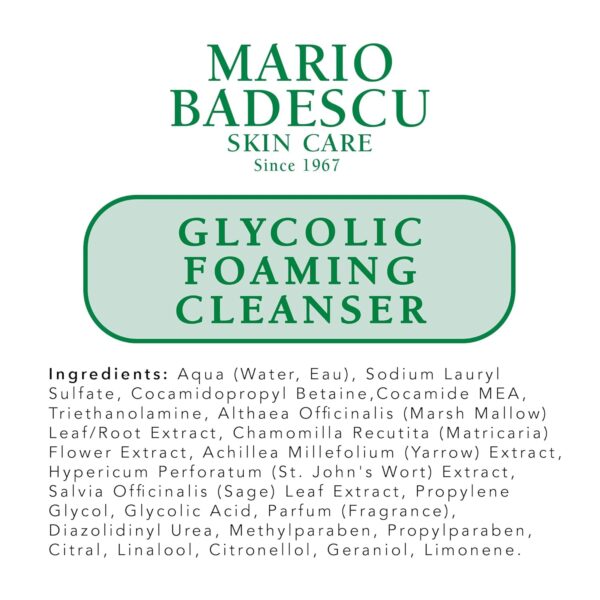 Mario Badescu Glycolic Foaming Cleanser for All Skin Types| Exfoliating Face Wash with Glycolic Acid & Aloe Vera| Visibly Evens Skin Tone & Texture