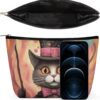 Makeup Bag for Women Cosmetic Bags Cat Holding A Cane Travel Toiletry Bag Cute Zipper Make Up Bags Large Capacity Makeup Case Organizer Portable Makeup Pouch for Travelling Gift