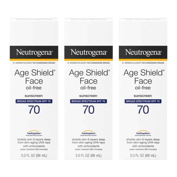 Neutrogena Age Shield Face Oil-Free Sunscreen Lotion with Broad Spectrum SPF 70, Non-Comedogenic Moisturizing Sunscreen to Help Prevent Signs of Aging, PABA-Free, 3 fl. oz (Pack of 3)