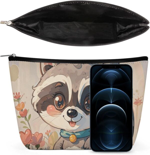 Cartoon Cute Raccoon Makeup Bag for Women Portable Travel Toiletry Pouch, PU Leather Cosmetic Bag with Zipper