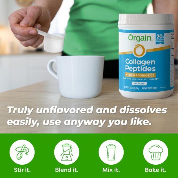 Orgain Hydrolyzed Collagen Peptides + Prebiotic & Probiotics Powder for Women & Men, 20g Grass Fed Collagen, 1 Billion CFU - Supports Digestive, Hair, Skin & Joint Health, Non-GMO, Type I & III, 1lb