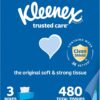 Kleenex Trusted Care Facial Tissues, 3 Flat Boxes, 160 Tissues per Box, 2-Ply (480 Total), Packaging May Vary