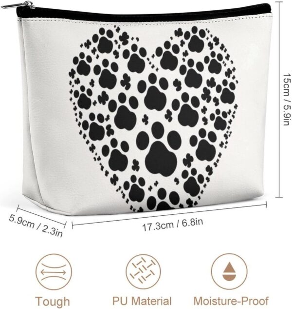 Dog Paw Print Love Heart Makeup Bag for Women Portable Travel Toiletry Pouch, PU Leather Cosmetic Bag with Zipper