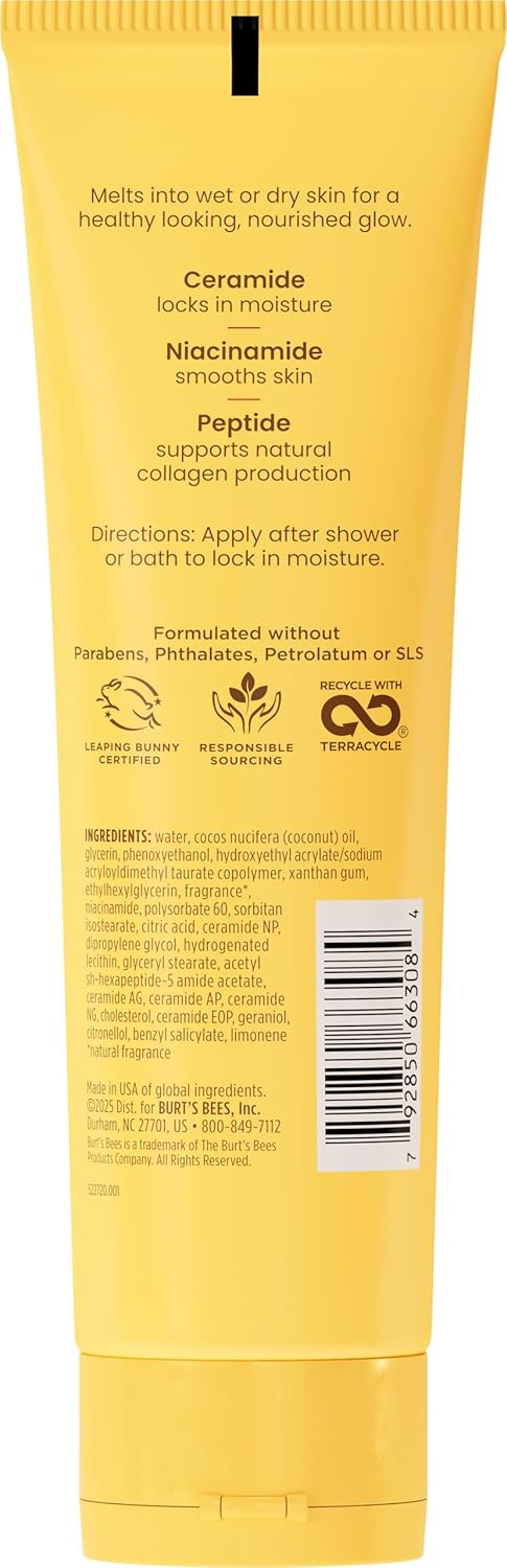 Burt's Bees Boosted Body Moisturizing Melt With Ceramide, Niacinamide and Peptide, Intense Skin Hydration, Cream-to-Oil Body Lotion Supports Skin Barrier, Tropical Scent, 4 oz. Tube
