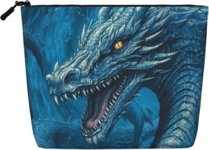 Linen Makeup Bag For Women, Waterproof Travel Cosmetic Organizer Lightweight Zipper Travel Toiletry Bag Organizer Dragon Cool Blue Makeup Brushes Storage Bag
