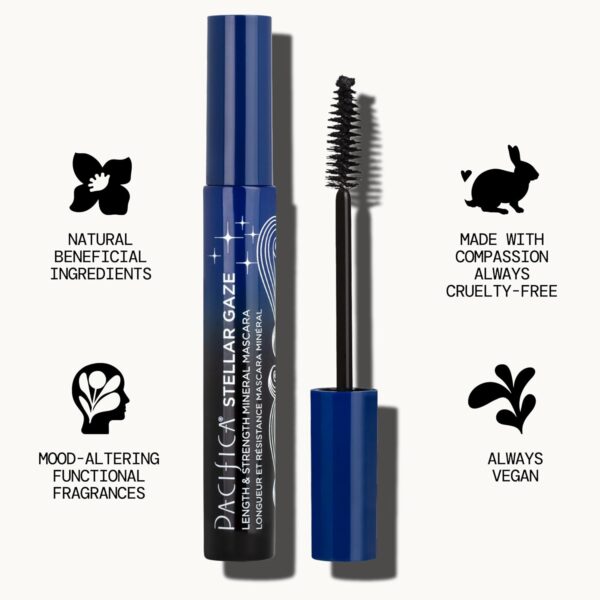 Pacifica Stellar Gaze Mascara (Supernova Black, Glass Vial) – Length & Strength Formula with Coconut & Vitamin B, Sustainable Packaging, Vegan