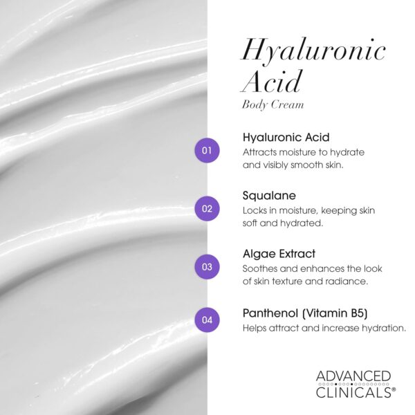 Advanced Clinicals Hyaluronic Acid Moisturizer Body Cream W/Vitamin E | Hydrating Cream & Body Lotion For Women & Men To Help Improve Look of Wrinkles, Dry Skin, Crepey Looking Skin, 16 Ounce