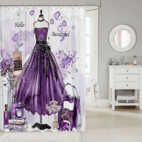 Purple Fashion Shower Curtain Purple Tie-Dye Decor Bath Curtain Modern Fashion Purple Dress Bathroom Decor Romantic Makeup Themed Waterproof Curtain Floral Perfume Print Curtain,72" W x 78" L