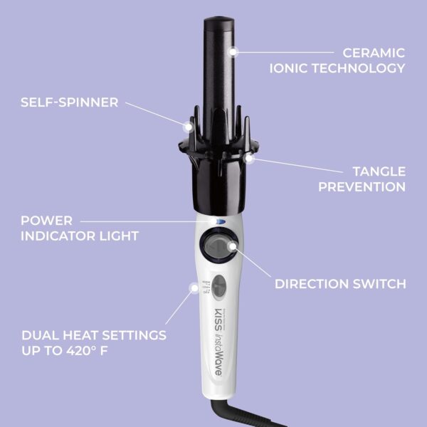 KISS Instawave Deluxe Automatic Rotating Curling Iron, Ceramic Ionic Technology, Tangle Prevention, 2-Way Rotation, Dual Heat Settings up to 420°F, 1” Curling Wand, 2-Year Warranty - Black & White