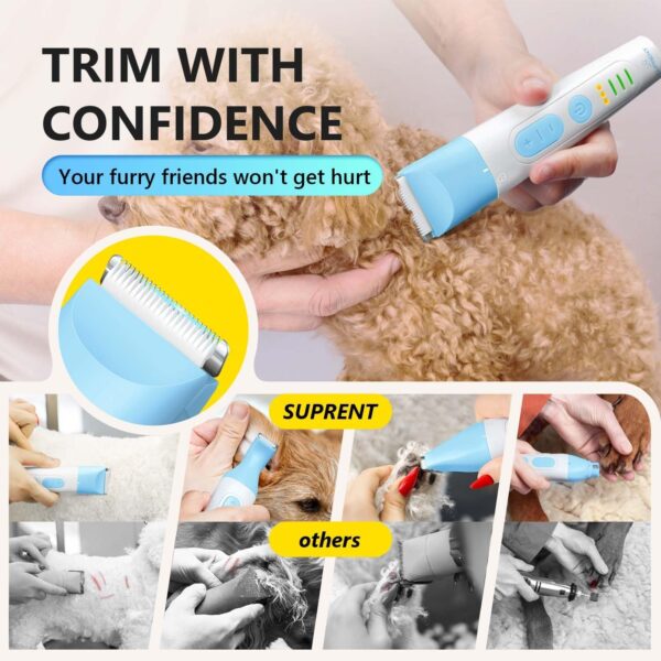 SUPRENT Dog Grooming Kit, 4 in 1 Quiet Pet Clippers for Grooming Supplies, Cordless Cat Paw Trimmer Dog Nail Grinder, Professional Long Hair Shaver Set for Cat Matted Hair and Small Dogs Blue