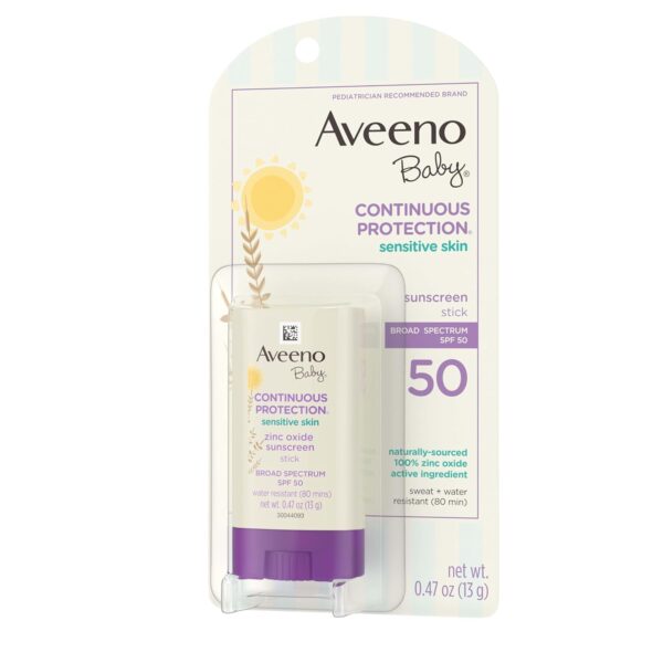Aveeno Baby Continuous Protection Mineral Sunscreen Stick for Sensitive Skin with Broad Spectrum SPF 50 Protection for Face & Body, Naturally Sourced 100% Zinc Oxide, Travel Size, 0.47 oz
