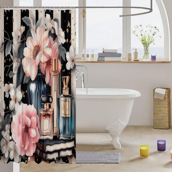 Erosebridal Pink Floral Bath Curtain Modern Fashion Shower Curtain for Girls Women Romantic Makeup Themed Bathroom Decor Black White Stripe Waterproof Curtain Perfume Print Curtain,72" W x 84" L