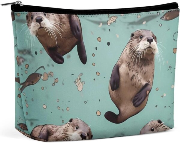 Otters Makeup Bag for Women Portable Travel Toiletry Pouch, PU Leather Cosmetic Bag with Zipper